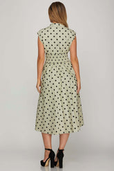 Sage Front Zip Polka Dots Cap Sleeve Midi Dress, Dresses, $ 59.00, A Moment Of Now™
